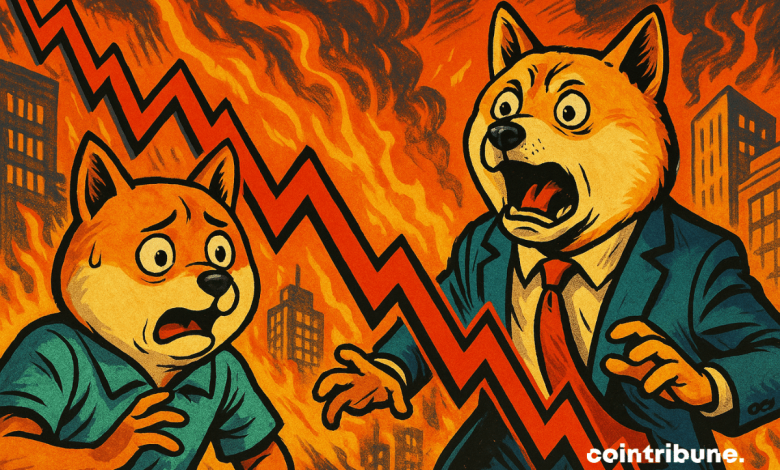 Dogecoin et Shiba Inu chutent alors que des signaux baissiers apparaissent en rouge.
